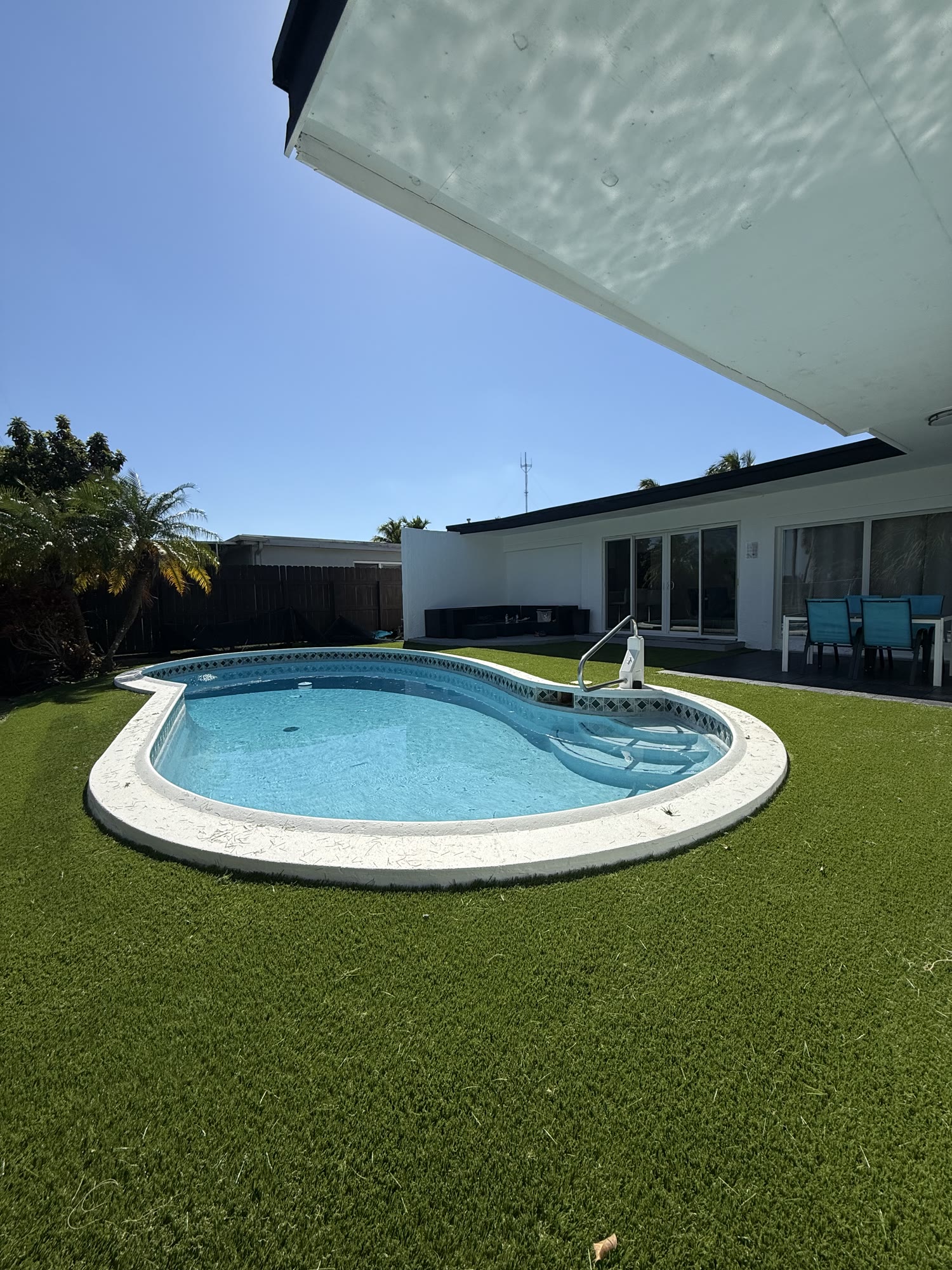 Artificial turf installed around a residential swimming pool